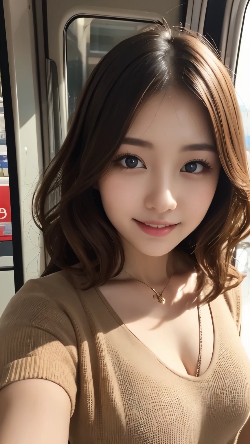 Tabletop, Highest quality, shape, Very detailed, finely, High resolution, 8k wallpaper, 完璧なダイナミックな構shape, Beautiful and beautiful eyes, Feminine girl fashion,Wavy curly hair,Huge 、Natural color lip, Bold sexy pose,smile,Harajuku、20-year-old girl、A gentle smile、cute、sexy shot looking at camera、Waist up shot、Standing in front of me on a crowded train