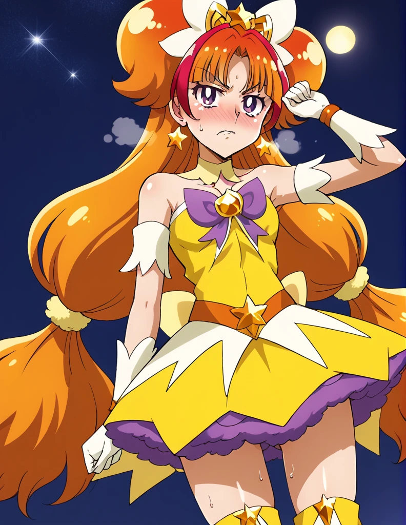 curetwinkle, shiny skin, high quality, solo, 1girl, (magical girl costume,fur trim:1.6),(bubble skirt:1.4), ribbon, BREAK (from below,cowboy shot,lighting forward:1.3), BREAK ,(stare at viewer with stern eyes:1.5),(bitting own lip:1.1),(angry:0.9),nose blush,(badmood:1.4),(steam:1.1),(sweat:1.1),(flying sweat:1.1), BREAK,on back,lying,pillow,bed,sleep assault,