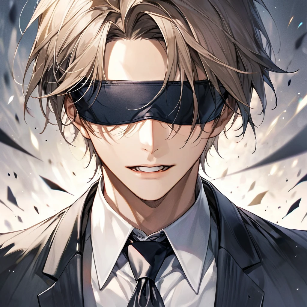 young handsome man with blindfold in a suit, light stubble, face centered in the lens, square jaw