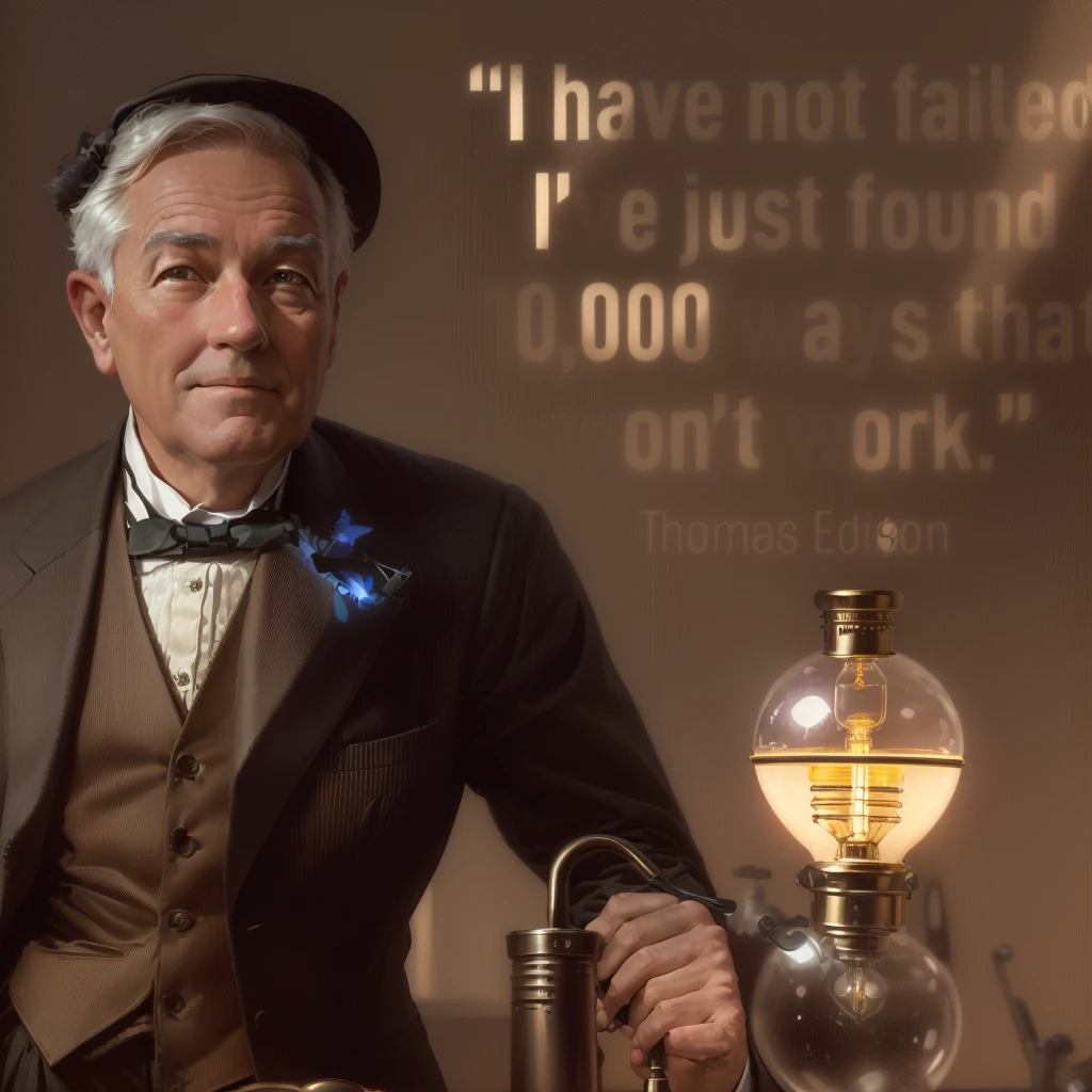 arafed image of a man in a suit and bow tie standing in front of a table with a lamp, edison bulb, inspired by John Ellsworth Weis, futurist, inspirational quote, failure, inspired by John Fabian Carlson, an inventor, grandfailure, by John Fabian Carlson, inspired by John Fulton Folinsbee, inspired by Ernest Heber Thompson, nikola tesla