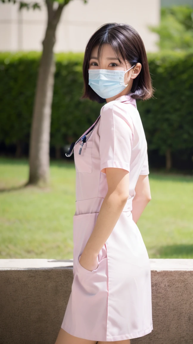 1 girl,(Wearing white nurse clothes:1.2),(RAW Photos, highest quality), (Realistic, photo-Realistic:1.4), masterpiece, Very delicate and beautiful, Very detailed, 2k wallpaper, wonderful, finely, Very detailed CG unity 8k wallpaper, Very detailed, High resolution, Soft Light, Beautiful detailed girl, Very detailed eyes and face, Beautiful and detailed nose, finely beautiful eyes, nurse, Perfect Anatomy, Black Hair, Upstyle, nurse uniform, ((mask)), Long skirt, nurse, Pink outfit, thin, hospital, clear, White Uniform, hospital room, Neck auscultation,Bobcut、Back view、Stick out your buttocks、振り向く