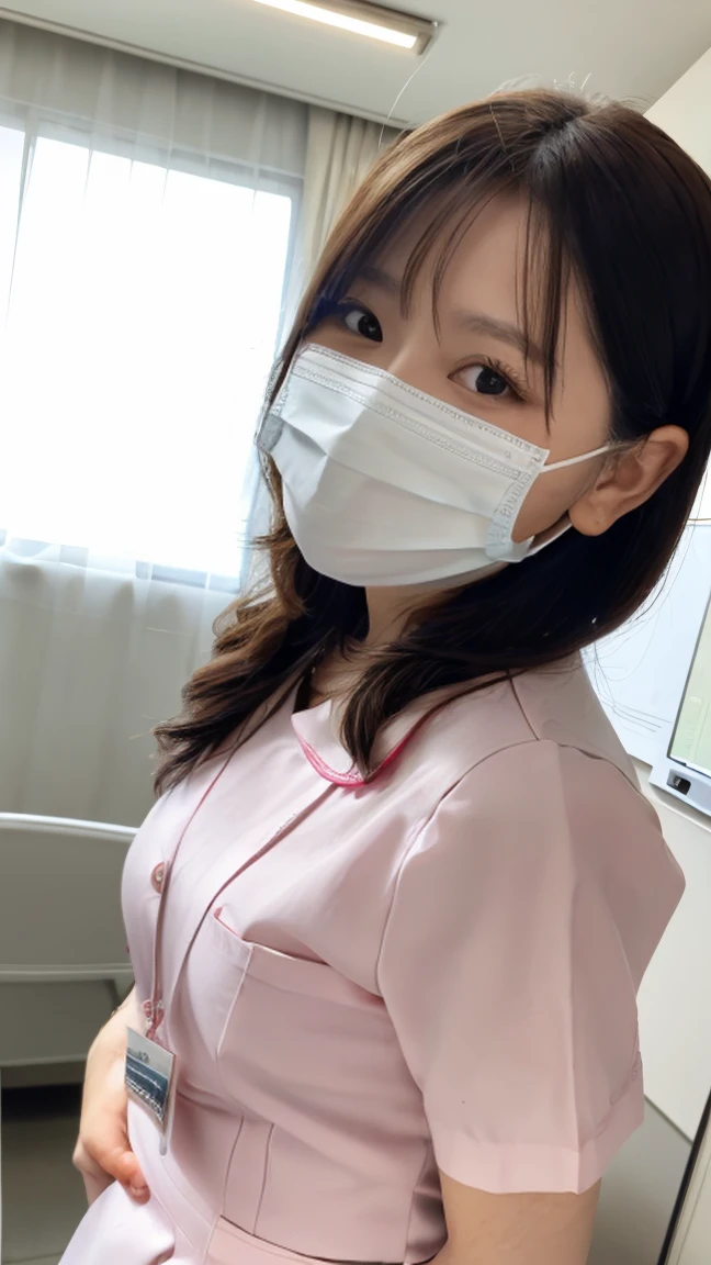 1 girl,(Wearing white nurse clothes:1.2),(RAW Photos, highest quality), (Realistic, photo-Realistic:1.4), masterpiece, Very delicate and beautiful, Very detailed, 2k wallpaper, wonderful, finely, Very detailed CG unity 8k wallpaper, Very detailed, High resolution, Soft Light, Beautiful detailed girl, Very detailed eyes and face, Beautiful and detailed nose, finely beautiful eyes, nurse, Perfect Anatomy, Black Hair, Upstyle, nurse uniform, ((mask)), Long skirt, nurse, Pink outfit, thin, hospital, clear, White Uniform, hospital room, Neck auscultation,Bobcut、Back view、Stick out your buttocks、振り向く