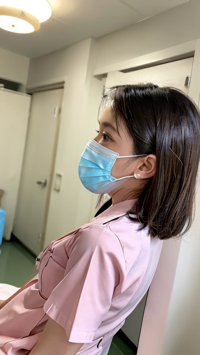 1 girl,(Wearing white nurse clothes:1.2),(RAW Photos, highest quality), (Realistic, photo-Realistic:1.4), masterpiece, Very delicate and beautiful, Very detailed, 2k wallpaper, wonderful, finely, Very detailed CG unity 8k wallpaper, Very detailed, High resolution, Soft Light, Beautiful detailed girl, Very detailed eyes and face, Beautiful and detailed nose, finely beautiful eyes, nurse, Perfect Anatomy, Black Hair, Upstyle, nurse uniform, ((mask)), Long skirt, nurse, Pink outfit, thin, hospital, clear, White Uniform, hospital room, Neck auscultation,Bobcut、Back view、Stick out your buttocks、振り向く