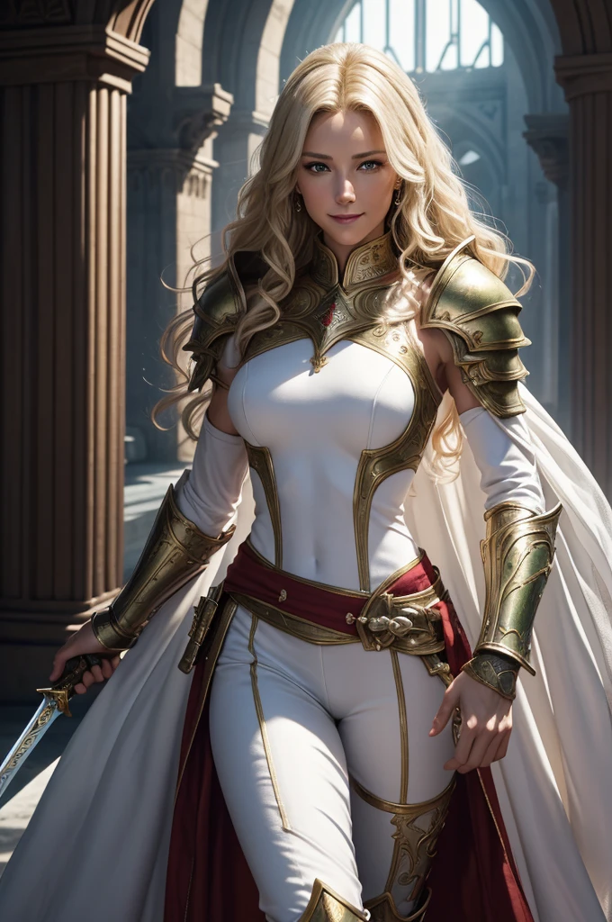 8K,Tall female court holy knight,Super beautiful(like the real thing),Blonde curly hair,smile,green eyes,Gorgeous red and white sexy chest armor,luxury white combat pants,muscular slim body,ripped abs,sexly,masterpiece,Photorealistic RAW photos of the highest quality。bright colors,rich colors, Backlight, cinematic lighting, film grain, to be born, 50MM lens, Nikon D850,realistic skin,fantasy art,character art,ultra high resolution,realistic scale skin,Perfect hand shape,view audience,royal palace courtyard,Equipped with a long, silver holy sword on his waist.,luxurious white shoulder armor,luxury white gauntlet,luxurious white waist armor,luxury white leg armor,