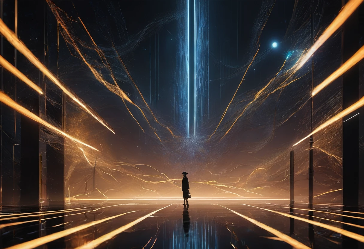 Electrical signals create a breathtaking and complex play of light and shadow、Minimalism Wonder Minimalism Dark Fantasy World, Digital painting with delicate details,

