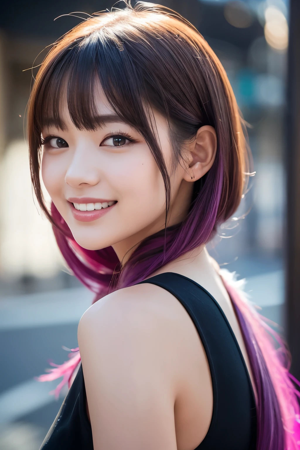 high quality, High resolution, masterpiece, completion, detailed.impressive, Cutting-edge female photography portraits, Showcasing a bold and daring street-art style. Facing forward、(smile、smile)、cyan, and purple, Her vibrant makeup really catches the eye., Her colorful hair is tied up high, Blue and pink hues in harmony. 背景には蛍光クロムイエローand purpleの魅惑的なグラデーションが施されています, Blends seamlessly with the dynamic colors of your subject、This powerful combination of hyper-detailed realism and artistic expression creates a vivid,