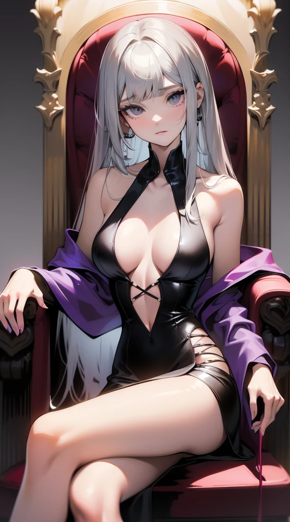 young girl,
1girl with a long straight cutted hair, silver gray straight hair, blunt bangs, straight bangs and side bangs, straight cutted bangs and side bangs, 
Heterochromia, red right eye, purple left eye, smirk, princess dress, ideal sexy breasts, open breasts, Wide neckline, sitting on the throne, legs crossed, Masterpiece, hiquality, higly detailed, HD, 4k
