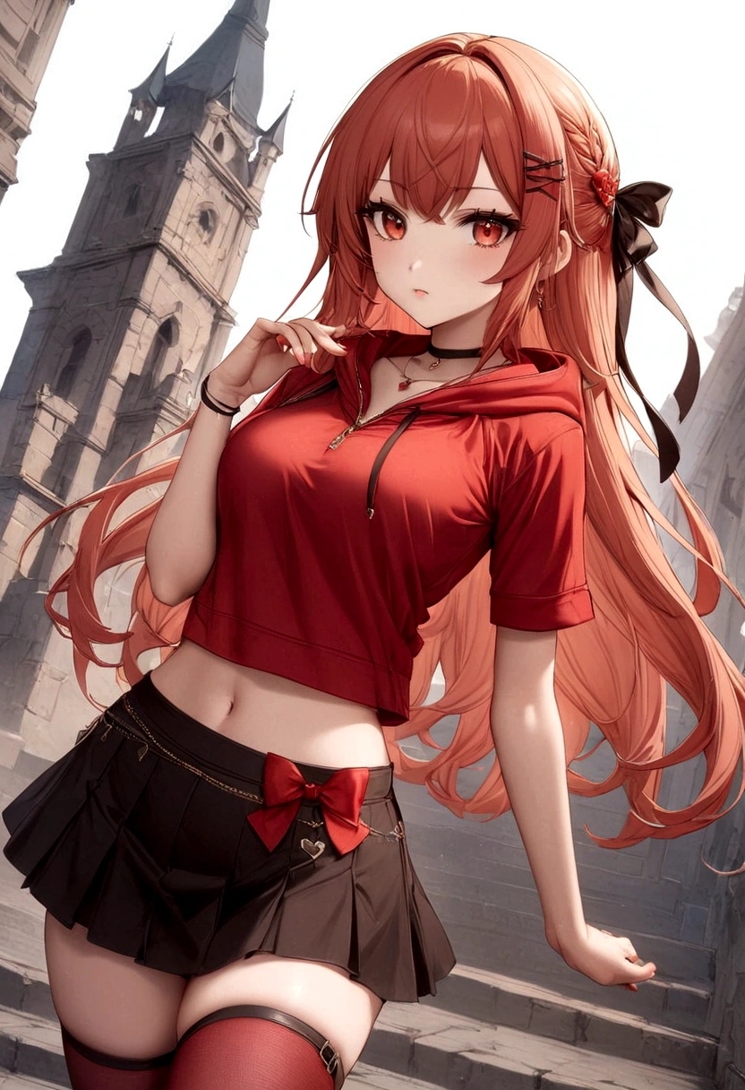 a girl with a red skirt and a black skirt that is under the red shirt . red stockings . red zip up hoodie, black shirt underneath with short sleeves and ,red hair, long hair and a flower with a ribbon on the bottom on the side on the hair and red eyes has a black Choker , and a small heart red necklace ,  has a ribbon bow waistband , full body 