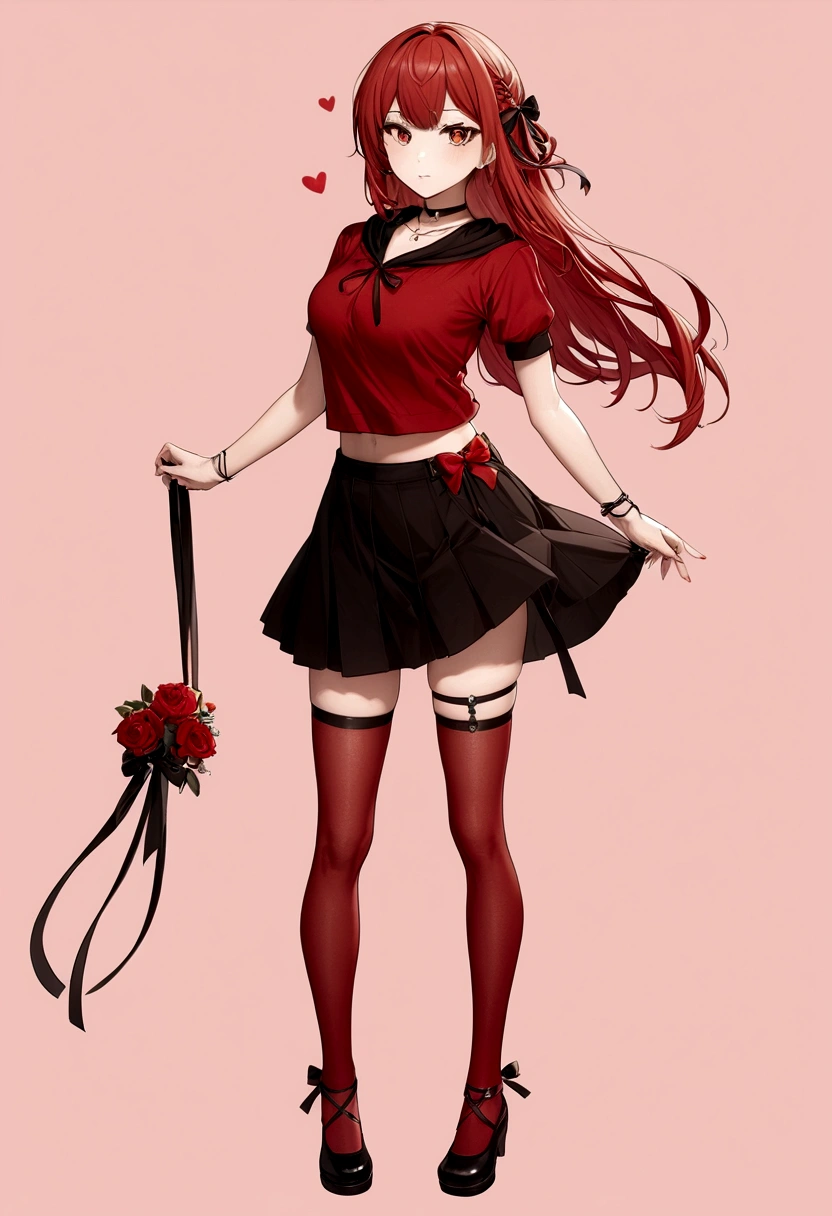 a girl with a red skirt and a black skirt that is under the red shirt . red stockings . red zip up hoodie, black shirt underneath with short sleeves and ,red hair, long hair and a flower with a ribbon on the bottom on the side on the hair and red eyes has a black Choker , and a small heart red necklace , has a ribbon bow waistband , full body
