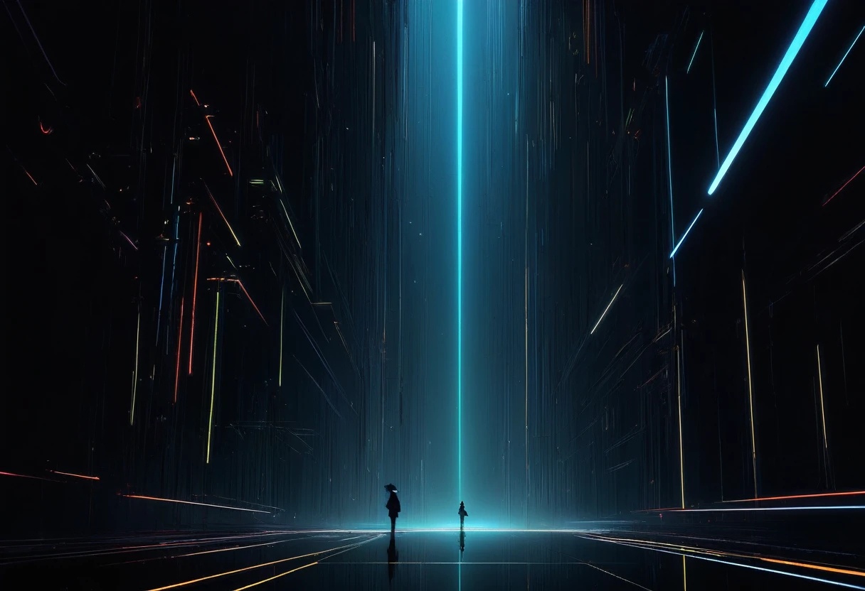 Electrical signals create a breathtaking and complex play of light and shadow、Minimalism Wonder Minimalism Dark Fantasy World, Digital painting with delicate details,