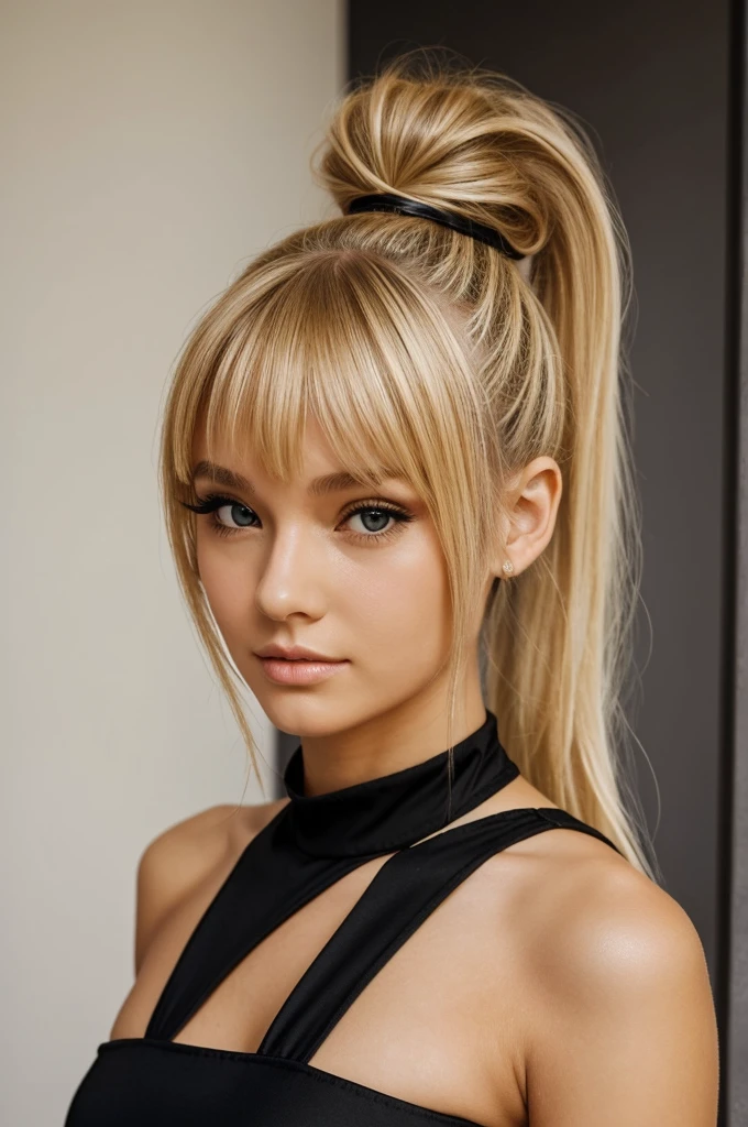 Girl with blonde hair and a ponytail hairstyle, her bangs cover her left eye, wears a tight black dress
