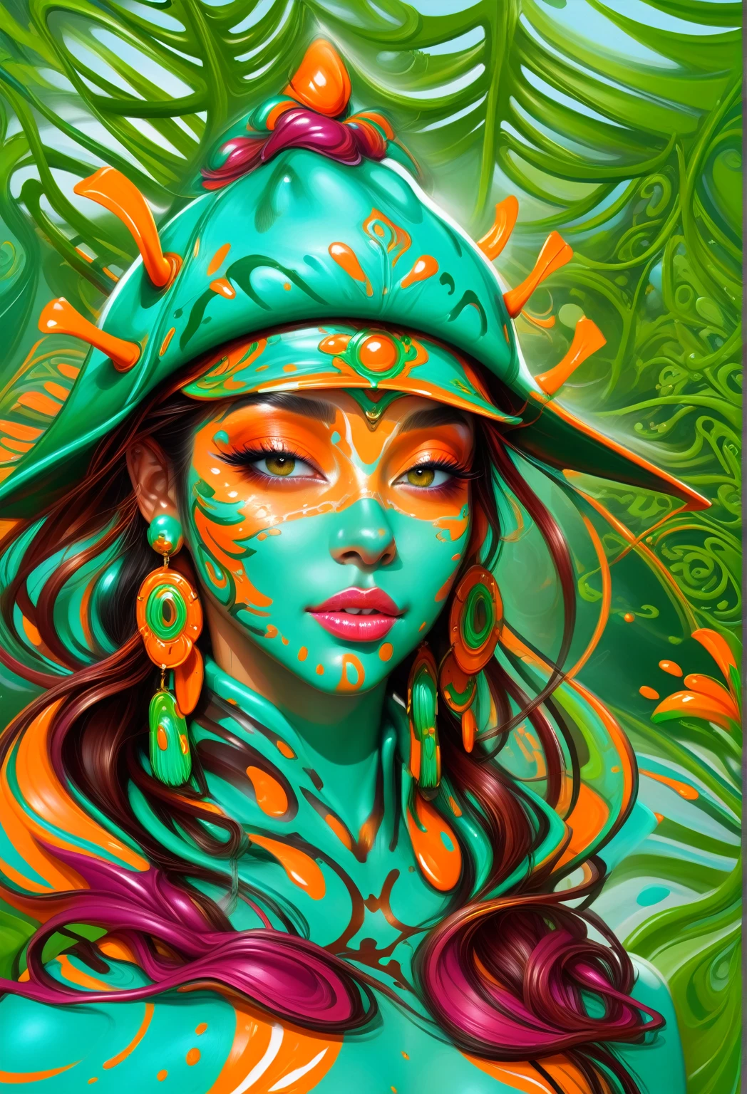 arafed woman with green and orange body paint and a hat, vibrant digital painting, painting by android jones, colorful digital painting, stunning digital painting, digital airbrush painting, detailed digital painting, intricate digital painting, rossdraws cartoon vibrant, digital painting highly detailed, highly detailed digital painting, very detailed digital painting, airbrush digital art, gorgeous digital painting