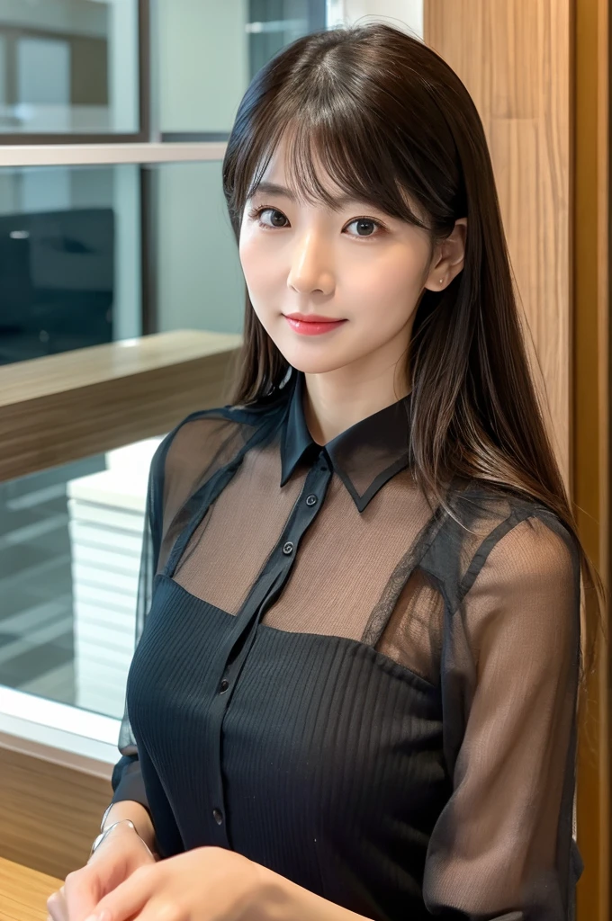 ((Highest quality)), ((masterpiece)), (detailed),Perfect Face,Japanese,Fair skin,Upper Body,Long Hair,Office Lady,Women's Ana Style,blouse,Mature Woman
