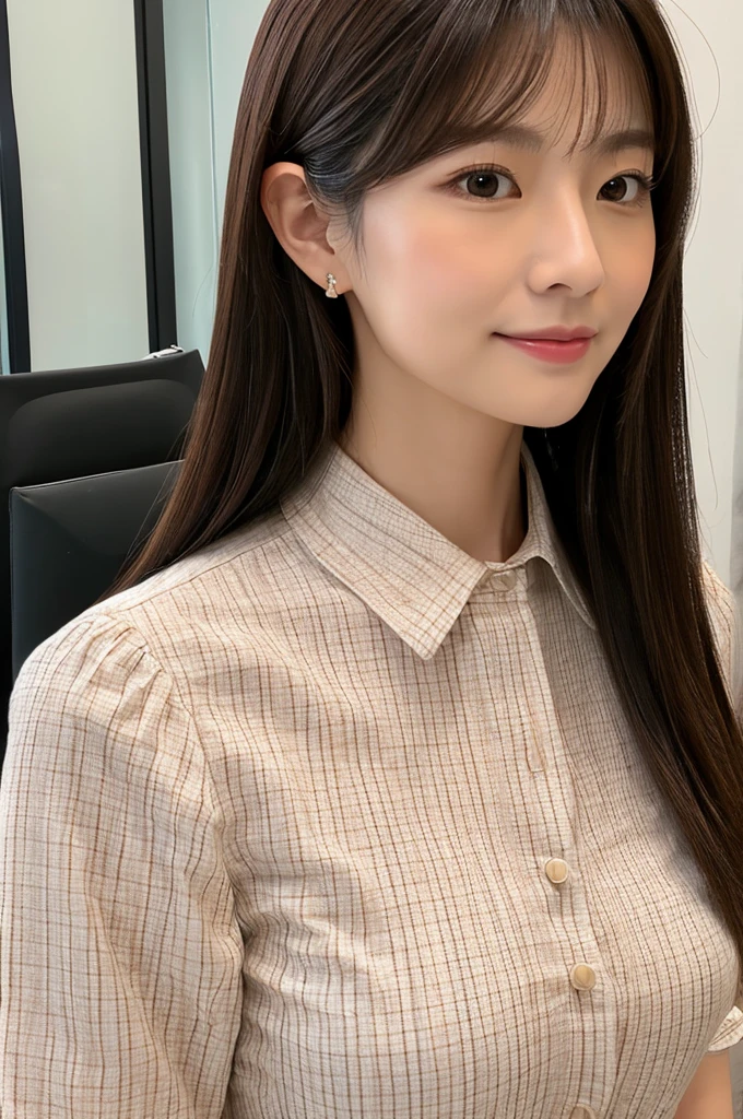 ((Highest quality)), ((masterpiece)), (detailed),Perfect Face,Japanese,Fair skin,Upper Body,Long Hair,Office Lady,Women's Ana Style,blouse,Mature Woman