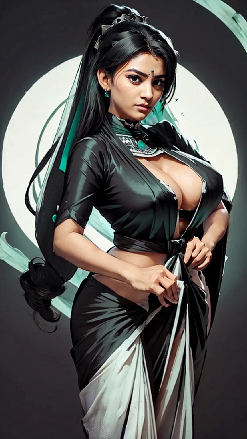 valorant, ((Sage)), game character, beautiful, ((black and white outfit)), (((perfect saree))), big size breasts, cleavage, black long hair, ponni style hair,