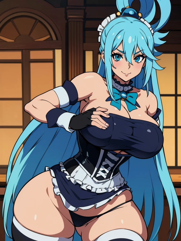 1 girl, Aqua Konosuba, looks at the viewer smiles, y pose, (maid costume, черные stockings, black gloves, Black corset, white pantockings) , (huge breasts:1.dle thighs