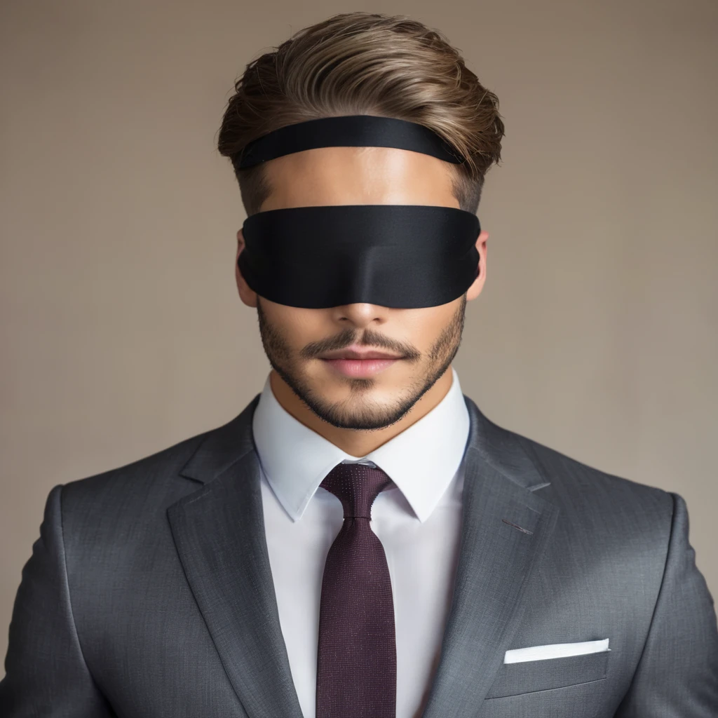 young handsome man with blindfold in a suit, light stubble, face centered in the lens, square jaw
