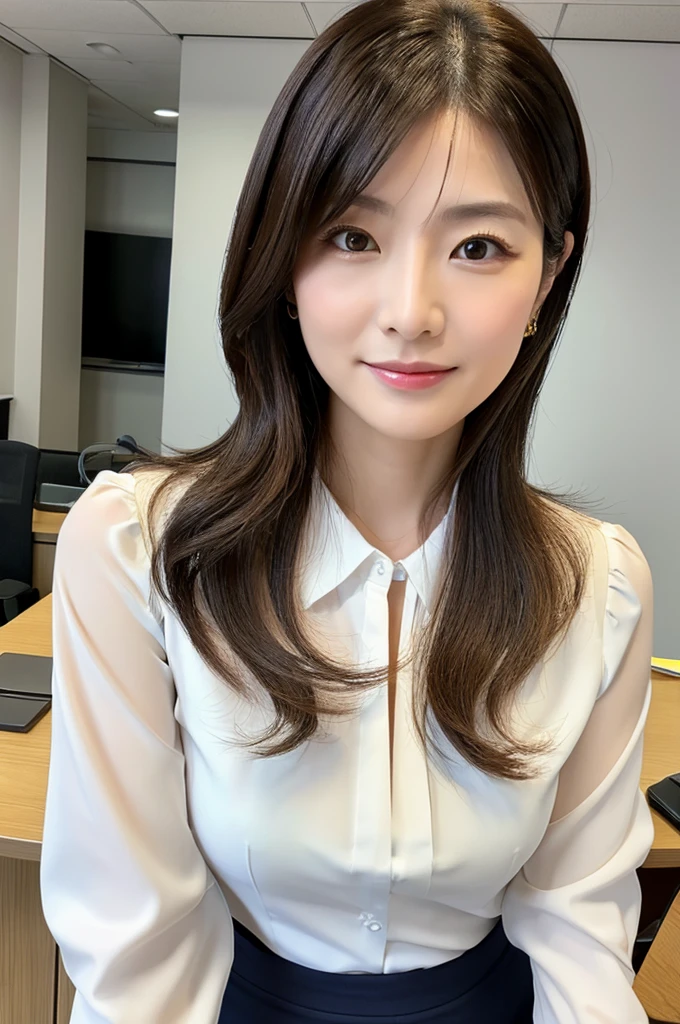 ((Highest quality)), ((masterpiece)), (detailed),Perfect Face,Japanese,Fair skin,Upper Body,Long Hair,Office Lady,Women's Ana Style,blouse,Mature Woman