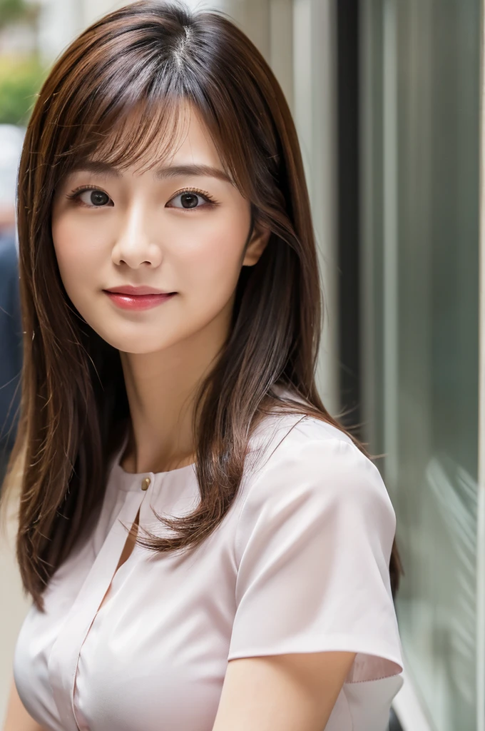 ((Highest quality)), ((masterpiece)), (detailed),Perfect Face,Japanese,Fair skin,Upper Body,Long Hair,Office Lady,Women's Ana Style,blouse,Mature Woman