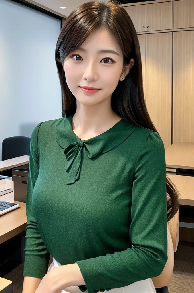 ((Highest quality)), ((masterpiece)), (detailed),Perfect Face,Japanese,Fair skin,Upper Body,Long Hair,Office Lady,Women's Ana Style,blouse,Mature Woman