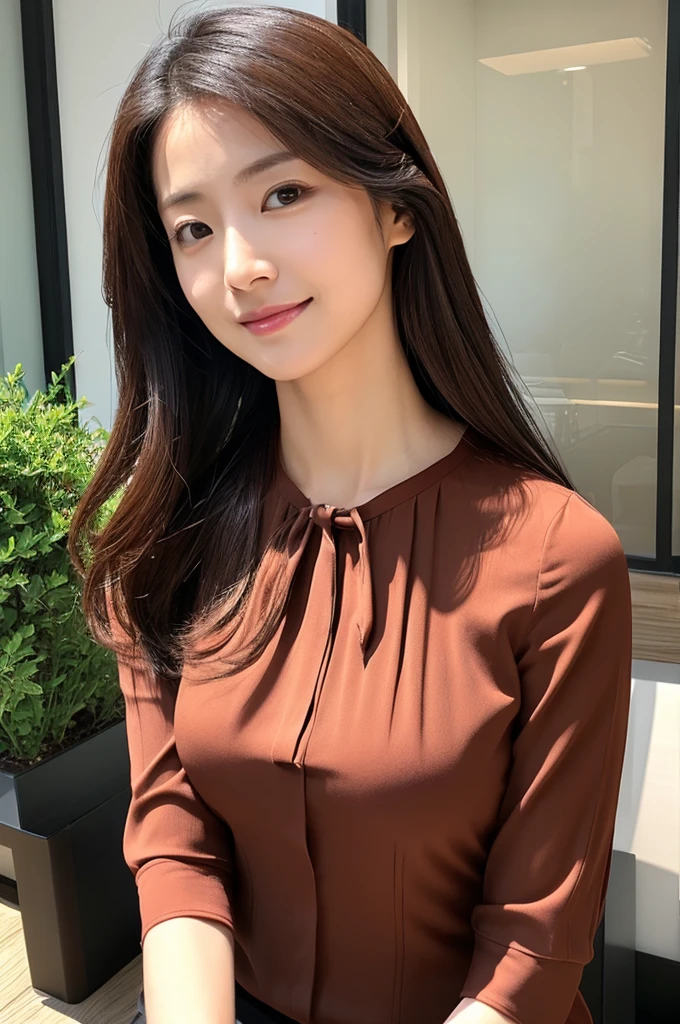 ((Highest quality)), ((masterpiece)), (detailed),Perfect Face,Japanese,Fair skin,Upper Body,Long Hair,Office Lady,Women's Ana Style,blouse,Mature Woman
