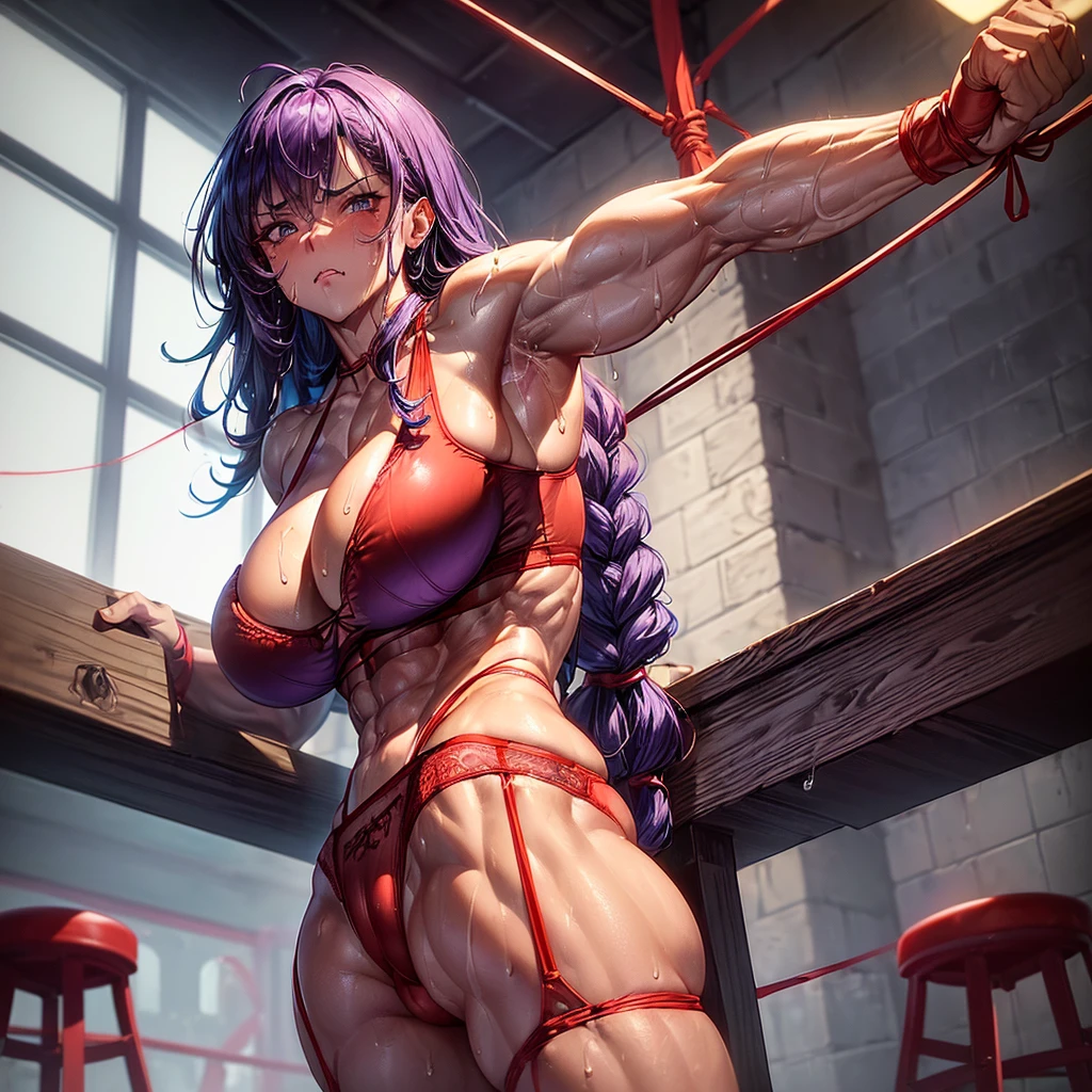 (((One dominate Muscular woman with massive ass wearing tight lingerie and red string underwear))), ((jumping backwards on scrawny man)), (long purple braided hair), ((sweaty body and underwear that is dripping on stool and ground)), (stool sweat dripping on floor), (holding her ass cheeks)