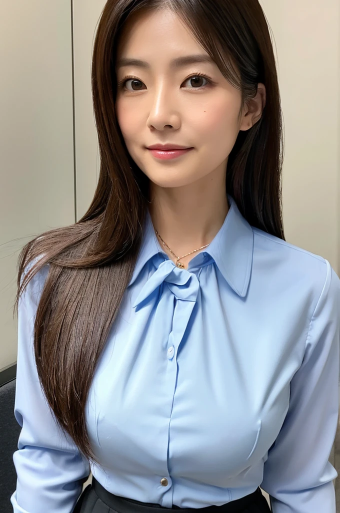 ((Highest quality)), ((masterpiece)), (detailed),Perfect Face,Japanese,Fair skin,Upper Body,Long Hair,Office Lady,Women's Ana Style,blouse,Mature Woman