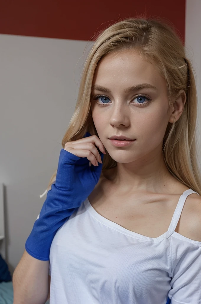 fille blonde habillée en tenue de sport rouge avec des yeux bleus dans une chambre blanche décorée