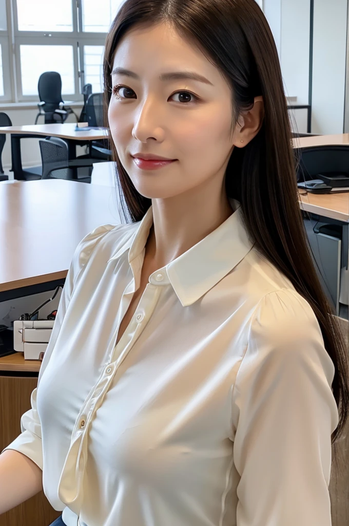 ((Highest quality)), ((masterpiece)), (detailed),Perfect Face,Japanese,Fair skin,Upper Body,Long Hair,Office Lady,Women's Ana Style,blouse,Mature Woman
