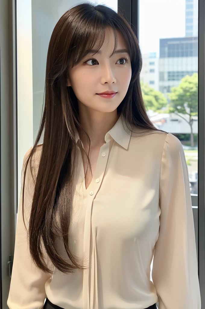 ((Highest quality)), ((masterpiece)), (detailed),Perfect Face,Japanese,Fair skin,Upper Body,Long Hair,Office Lady,Women's Ana Style,blouse,Mature Woman