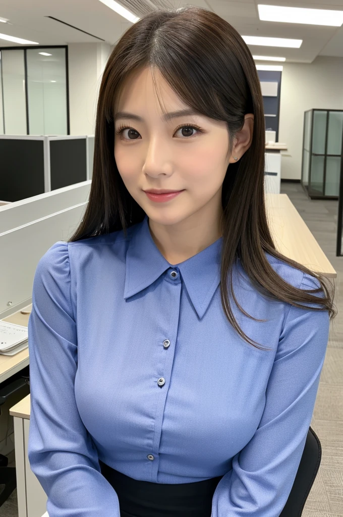 ((Highest quality)), ((masterpiece)), (detailed),Perfect Face,Japanese,Fair skin,Upper Body,Long Hair,Office Lady,Women's Ana Style,blouse,Mature Woman