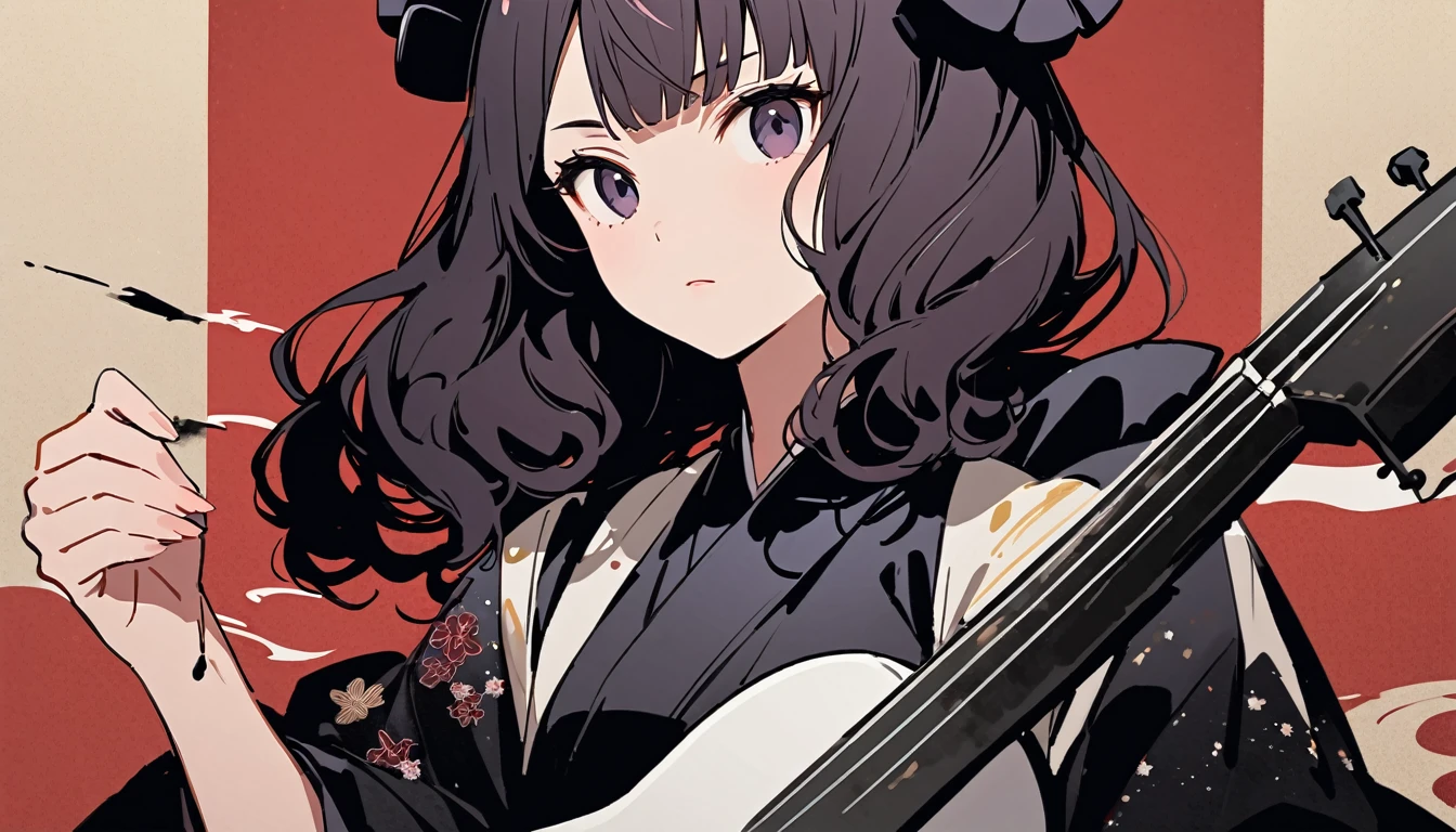 (((Highest quality))), (((Katsushika Hokusai))), (((Ink Painting))), ((very straight longhair)), ((1 girl)), ((sunglasses)), ((beautiful girl)), ((Holding a Shamisen)), Japanese style headphones, Black Hair, Delicate and precise, Modern ukiyo-e style, face close up