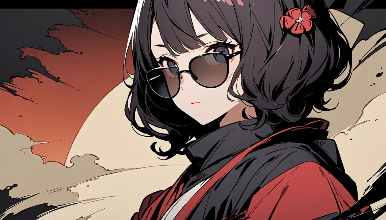 (((Highest quality))), (((Katsushika Hokusai))), (((Ink Painting))), ((very straight longhair)), ((1 girl)), ((sunglasses)), ((beautiful girl)), ((Holding a Shamisen)), Japanese style headphones, Black Hair, Delicate and precise, Modern ukiyo-e style, face close up
