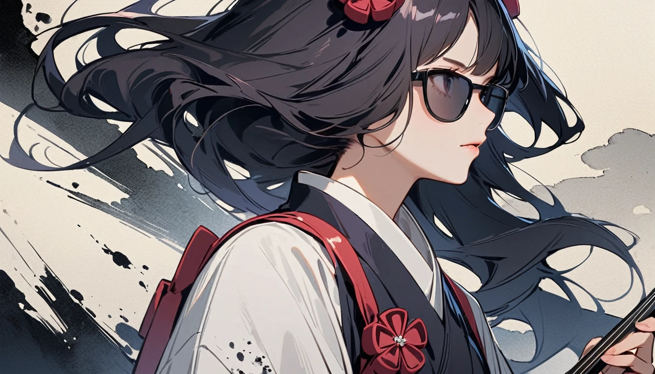 (((Highest quality))), (((Katsushika Hokusai))), (((Ink Painting))), ((very straight longhair)), ((1 girl)), ((sunglasses)), ((beautiful girl)), ((Holding a Shamisen)), Japanese style headphones, Black Hair, Delicate and precise, Modern ukiyo-e style, face close up