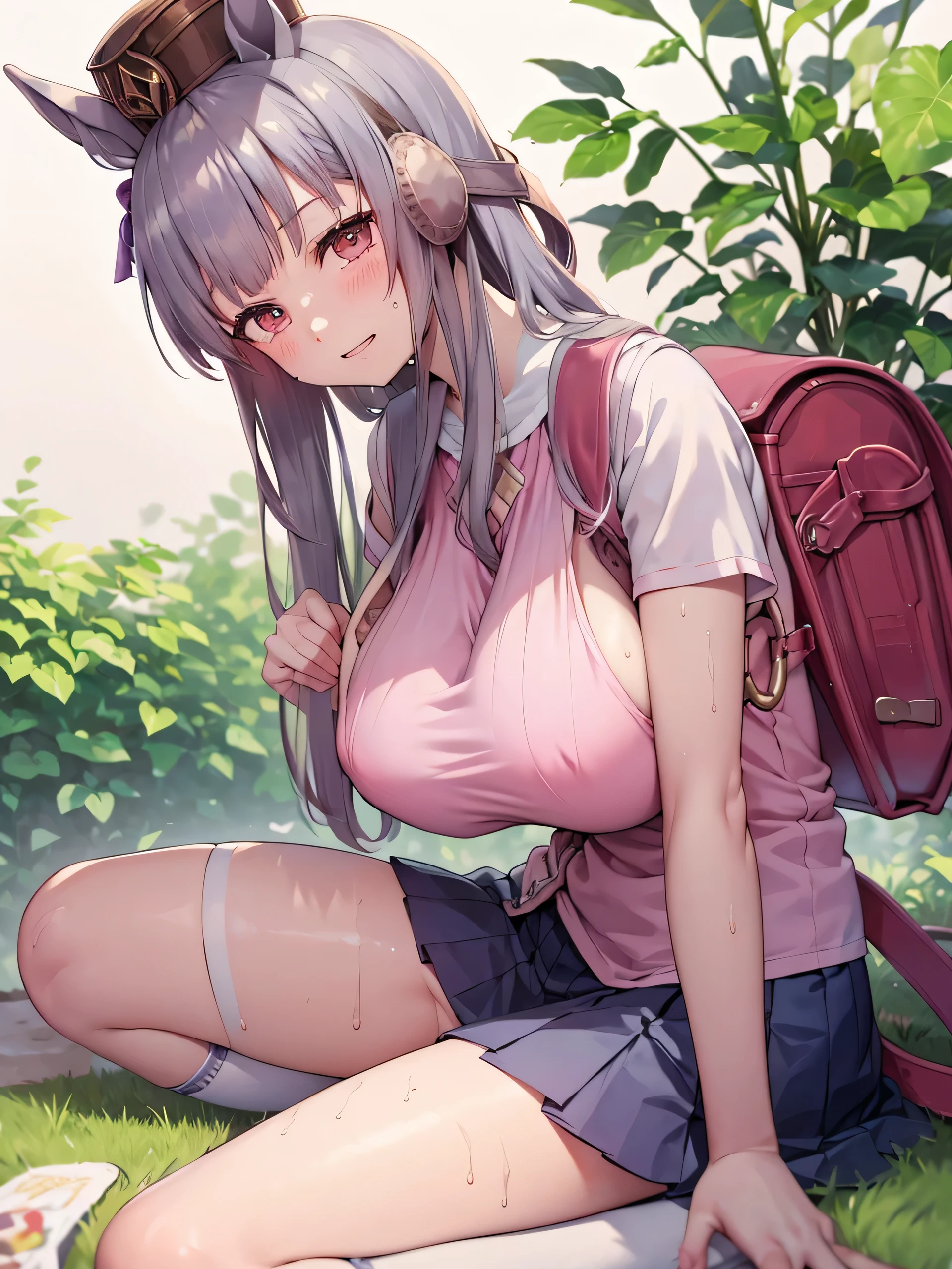 (masterpiece, Highest quality:1.2), alone, One girl, Gold Ship as a young child, pillbox hat,White child clothes、Pleated skirt、Knee-high socks、Horse tail,、grassland、Nature、blush、smile、Muddy liquid all over the body、(Huge breasts:1.4)、The bra is see-through、Clothes are see-through、Open your legs、Leg spread、、Kindergarteners、、、、Child&#39;s 、Sweat、Masturbation、masturbation behavior、From the side、Carry a school bag、See-through underwear、Low - Angle、Get wet
