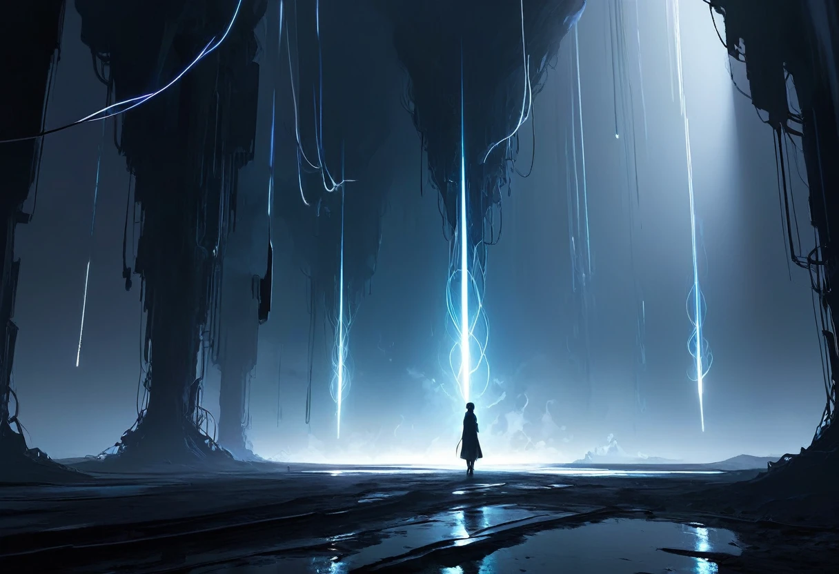 Electrical signals create a breathtaking and complex play of light and shadow、Minimalism Wonder Minimalism Dark Fantasy World, Digital painting with delicate details,