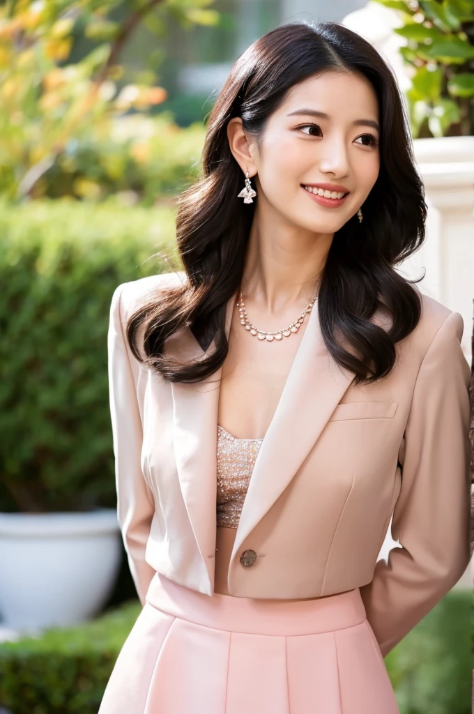 cigar、Wedding venue garden,President of import goods sales company,((full body)),((photo)),((best qualtiy, 8K, tmasterpiece:1.3)), Focus:1.2, perfect figure beautiful woman:1.4,1woman,cowboy shot,look at viewer,incredibly absurd, beautiful and cute woman with a photorealistic face, showcasing top-quality craftsmanship, A Japanese woman attending her sister's wedding at a wedding venue, 35 years old, long hair, straight black hair, shiny, silky hair that curls inwards, narrow double eyelids, long eyelashes, pronounced eyebrows, high nose, thin lips, white teeth, bright smile, smooth, honey-colored skin, thin neck, tall, glamorous, slender, F-cup breasts, pale pink suit, knee-length pencil skirt, high heels, diamond earrings and necklace, luxury brand watch, clutch bag, cigar, beautiful, lady-like, pretty older sister, celebrity-like, adult woman, smart, calm, ???, playful, sharp-tongued, soothing to those around, refined, elegant, June