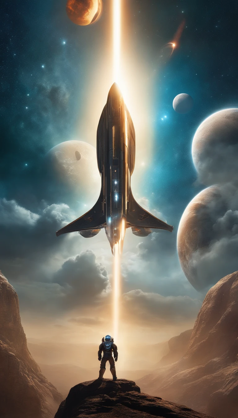 "Witness the epic clash of advanced technology and otherworldly landscapes in this futuristic battle scene. Spaceships soar through the sky, leaving trails of light in their wake as they engage in a fierce fight for dominance. The planets in the backdrop add an extra layer of depth and mystery to this visually stunning image."
