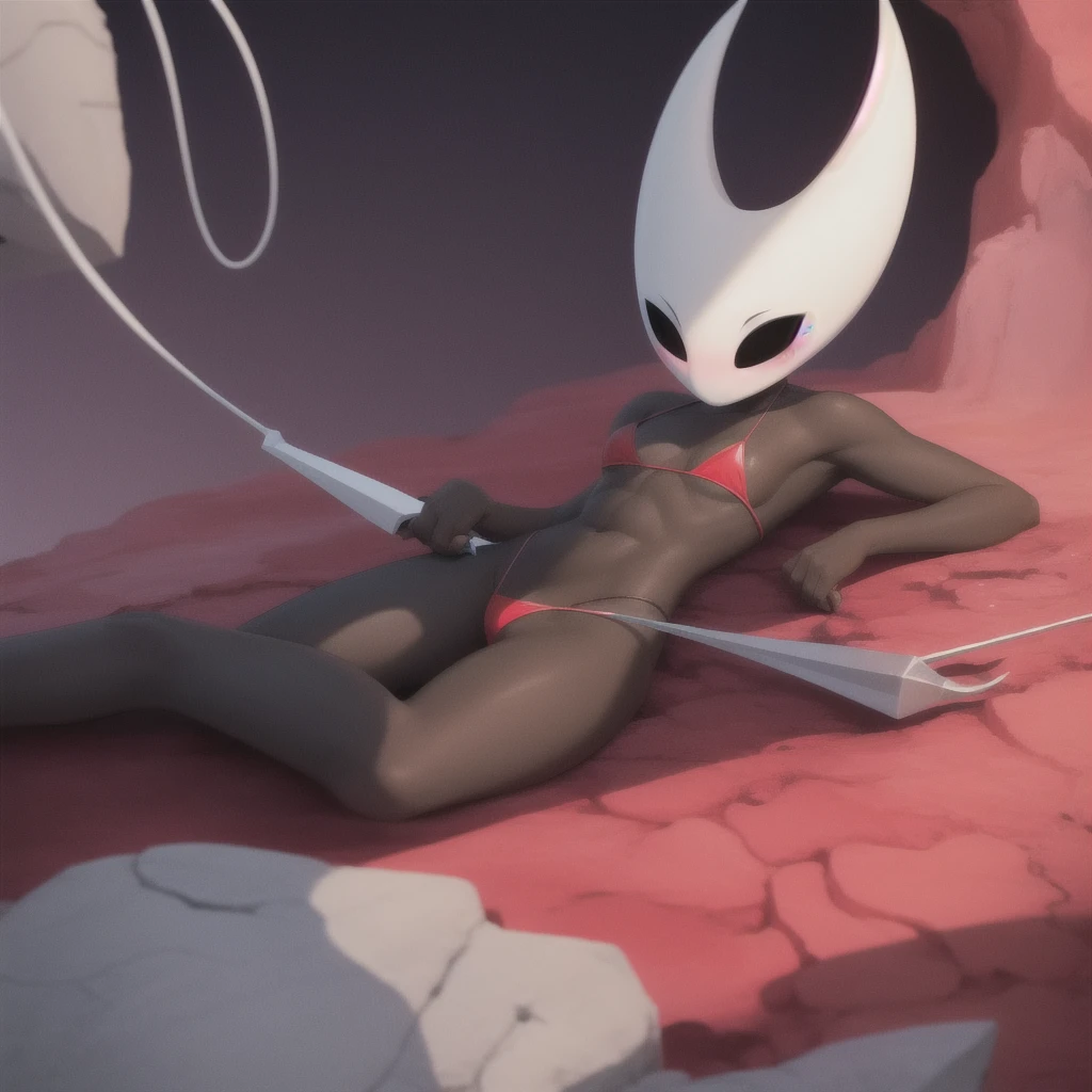 hornet, cute, chibi, no feet, furry girl, slim,anthro, needle weapon, thread, solo, red panties, bare feet, Lying on his back, kind of , full body,red bikini, (best quality), (detailed dark cave background:1.2), looking at viewer,  flat colors, medium breasts, no nipples, no vagina, sexy body, abs, (blushes 1.5), underboob