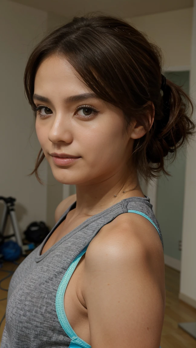 une femme de 20 ans, au yeux claire, brune, dans une salle de sport en tenue de sport