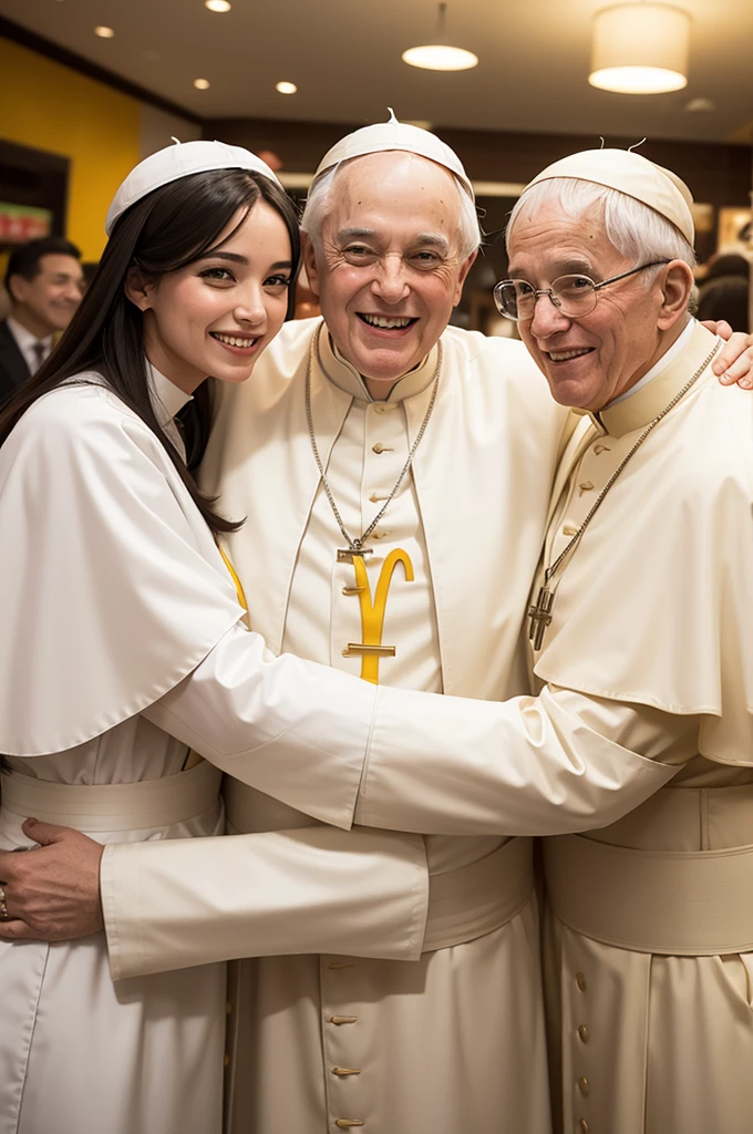 3 popes hugging and smiling for a photo inside Mcdonalds