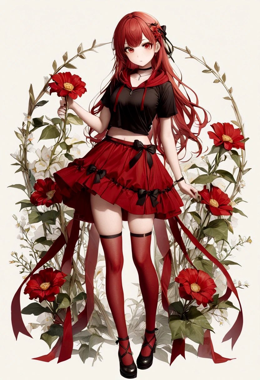 a girl with a red skirt red stockings . red zip up hoodie, black shirt underneath with short sleeves and ,red hair, long hair and a flower with a ribbon on the bottom on the side on the hair and red eyes has a black Choker , and a small heart red necklace , has a ribbon bow waistband , full body