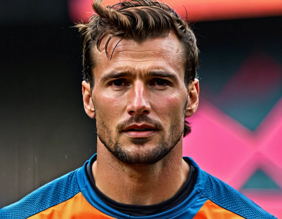(8K), (Best quality) , (best details), (ultra realistic), (high resolution), (Masterpiece:1.2), (UHD), portrait, res, Robust construction,Vivid colors,Soft lighting, Subtle shadows, vibrant color palette, ( A Dutch man named Hans van der Meer, with a rugged, masculine face texture and a defined mid-jawline, looking energetic in sport attire, standing confidently against a vibrant, futuristic concept art background, 