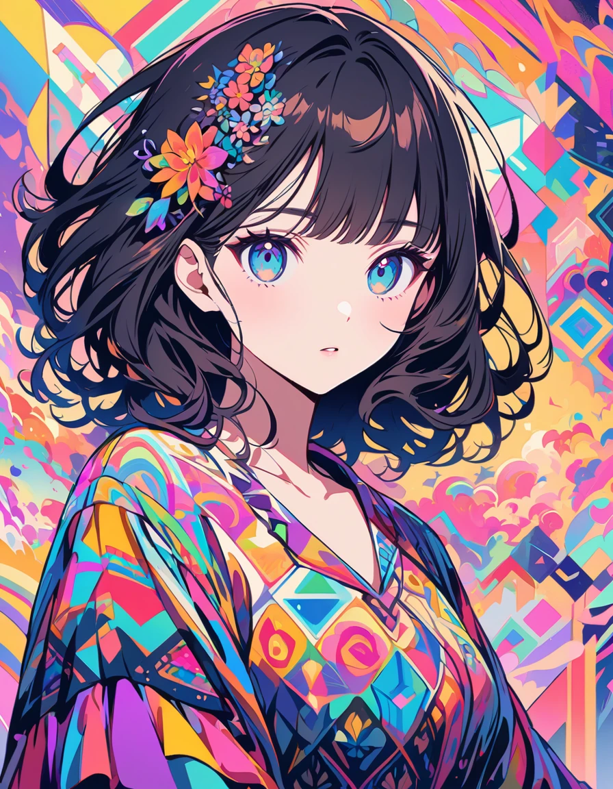 An intricate anime-style illustration of a girl with dark hair and large, expressive eyes. She is wearing a highly detailed, colorful dress with geometric and floral patterns. The background features abstract, pastel-colored shapes and lines, creating a modern and artistic atmosphere. --ar 3:4 --style raw --stylize 600 --niji 6