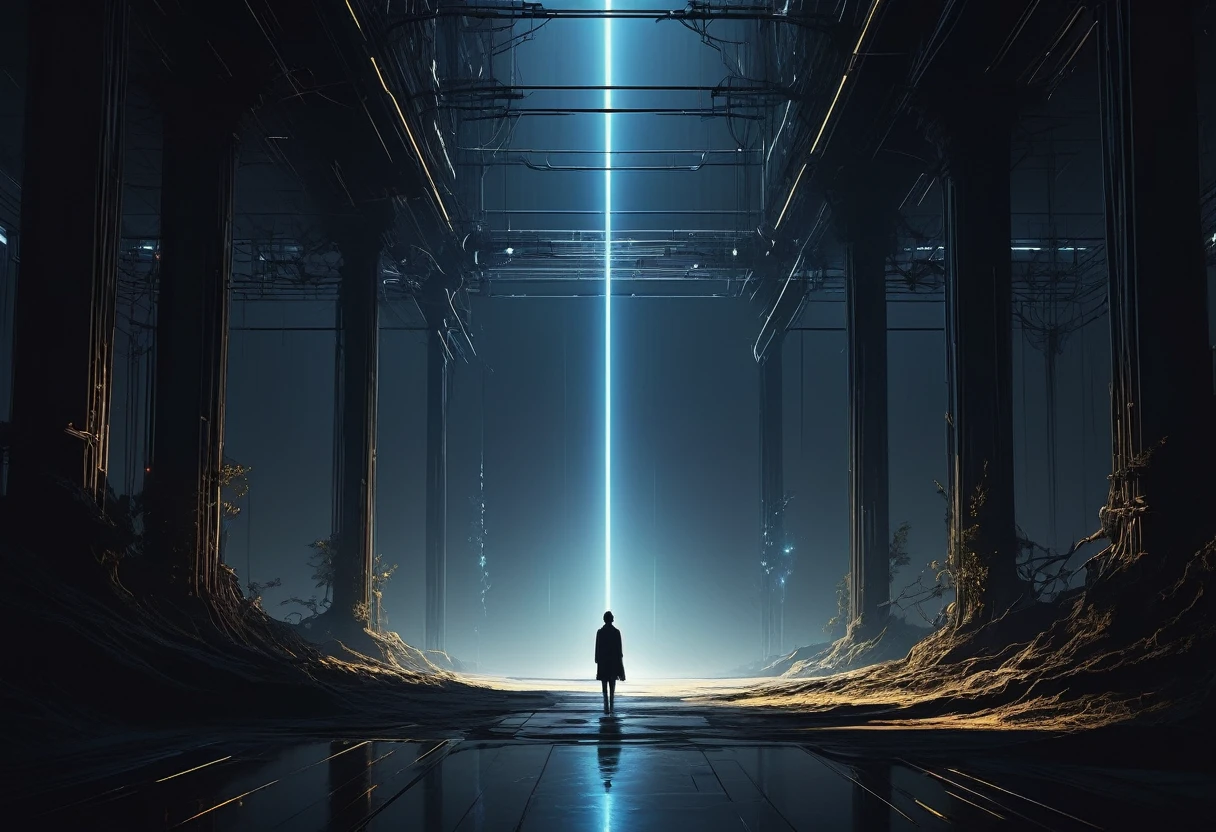 Electrical signals create a breathtaking and complex play of light and shadow、Minimalism Wonder Minimalism Dark Fantasy World, Digital painting with delicate details,
