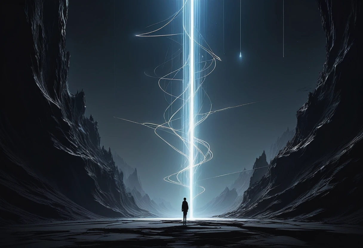 Electrical signals create a breathtaking and complex play of light and shadow、Minimalism Wonder Minimalism Dark Fantasy World, Digital painting with delicate details,