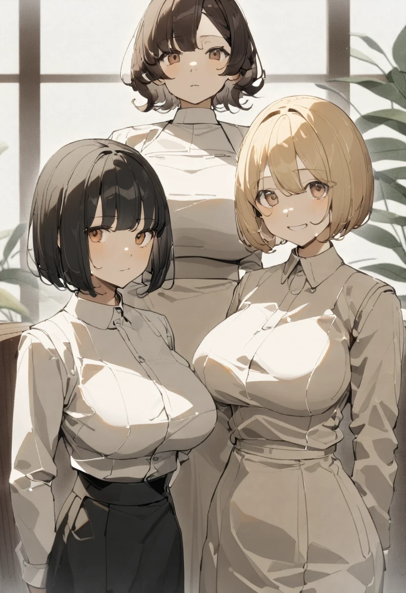 ((Highest quality, 8K, masterpiece:1.3)),Three Women、3girls、 sharp:1.2, Beautiful woman with perfect figure:1.4, Slim Abs:1.2, ((Huge boobs:1.5,sagging breast:1.5)),Highly detailed face and skin texture,Detailed eyes,double eyelid、Blonde、Bobcut、Bob Hair、Brown Hair、ponytail、Black Hair、Hair with a loose perm、Iris、Brown eyes、Gal