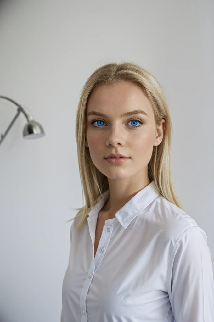 fille blonde habillée en tenue de sport rouge avec des yeux bleus dans une chambre blanche décorée