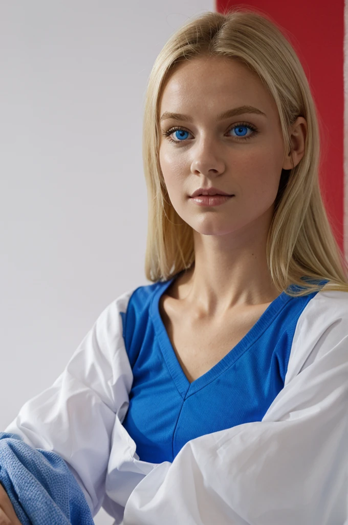 fille blonde habillée en tenue de sport rouge avec des yeux bleus dans une chambre blanche décorée