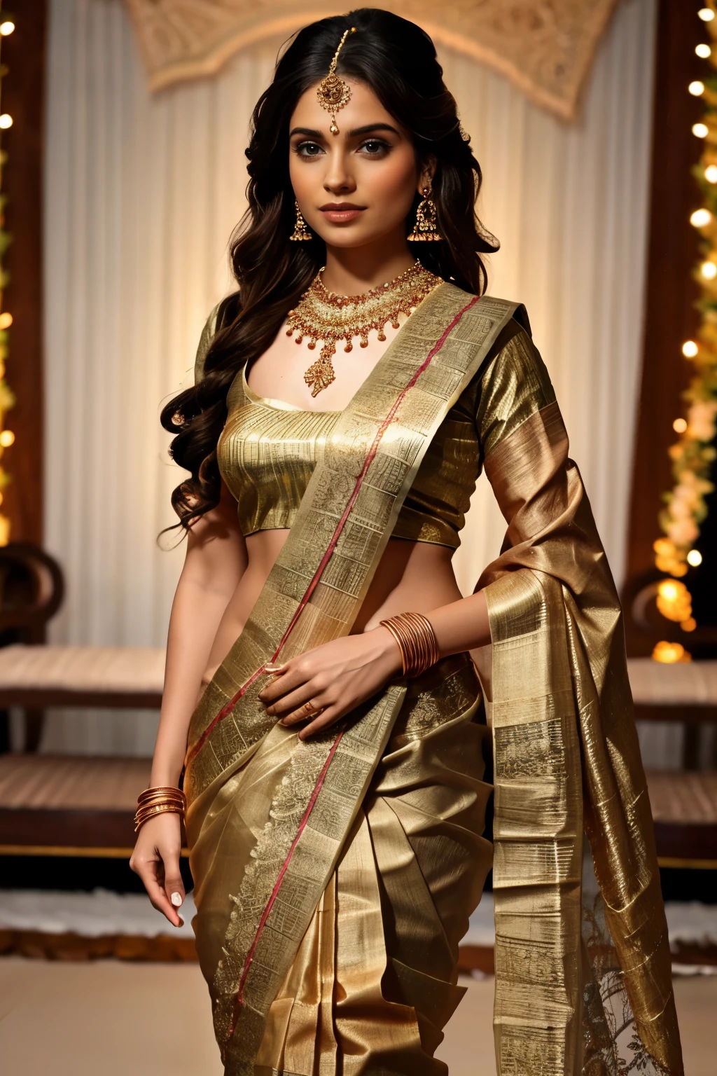 4K, UHD, masterpeice, indian girl, romantic face, detailed eyes, detailed lips, very long hair, straight hair, very long hair, beautiful hair, hair ornaments, hairband, gradient hair, ((copper brown saree )), ((bridal saree), ((decorated blouse)), sardine, (( saree )), ((lace)), ornaments, necklace, earring, high lighting, ((bare stomach)), wedding stage, fujicolor, depth of field, ray tracing, ultra realistic detail, ((sandal heels)) 